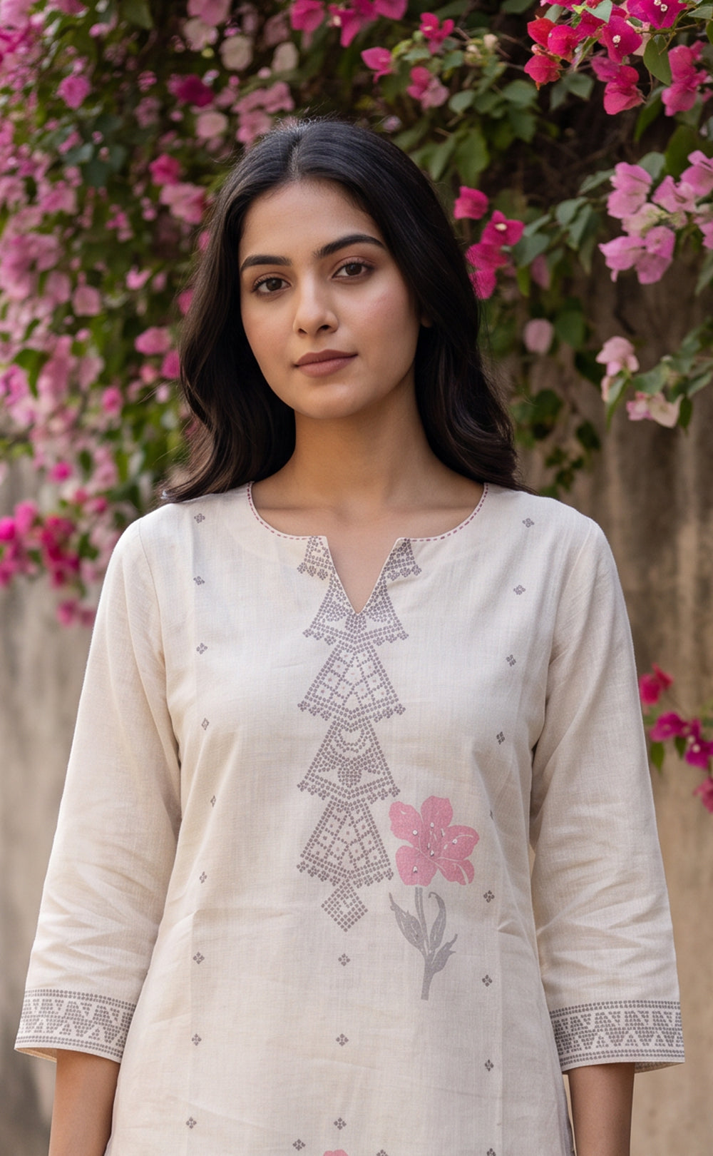 Half-White Cotton All-Over Floral And Small Buti Printed Straight Kurti