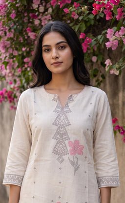 Half-White Cotton All-Over Floral And Small Buti Printed Straight Kurti
