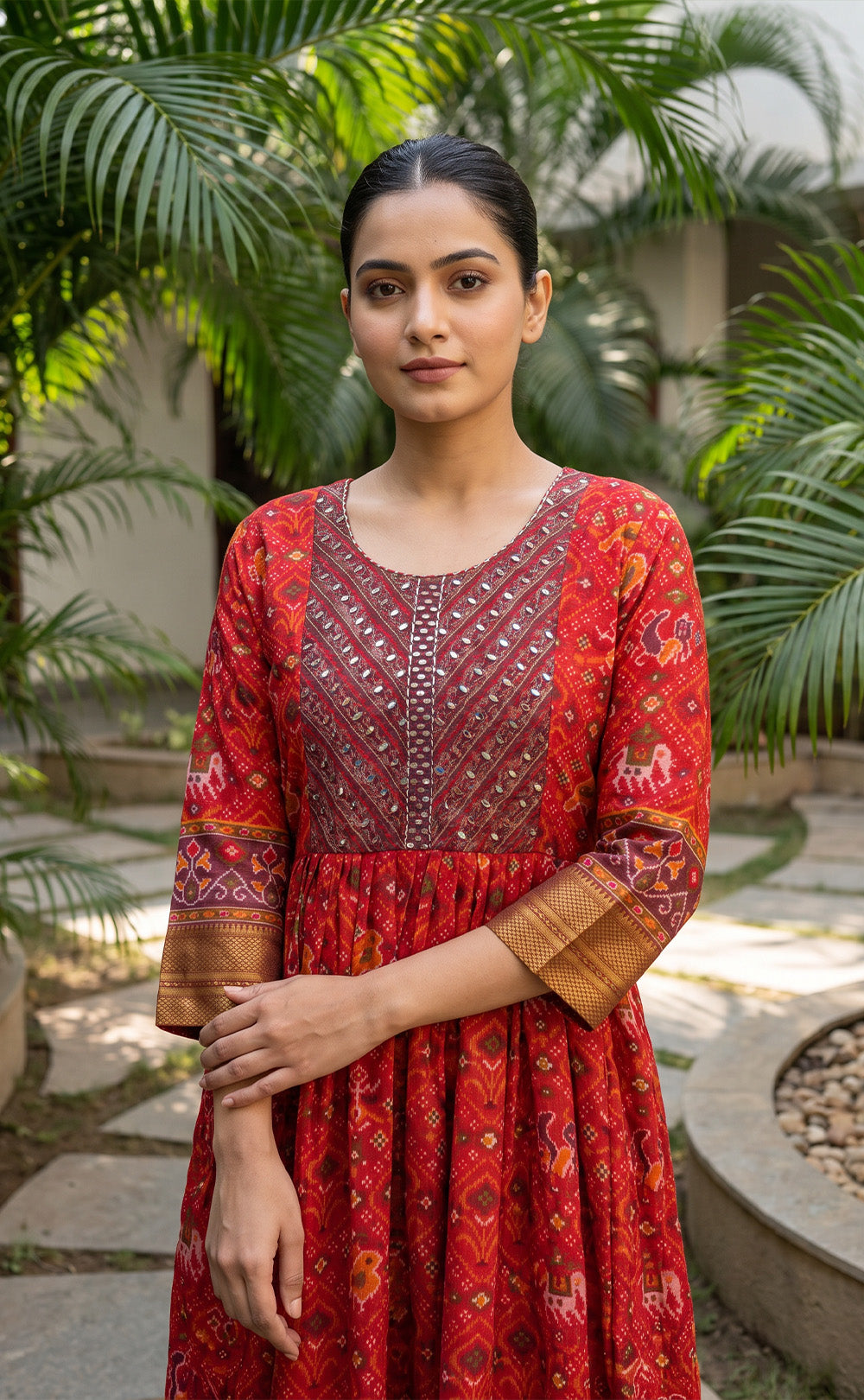 Maroon Fancy Mirror Work With Ikkat Printed Kurti Gown