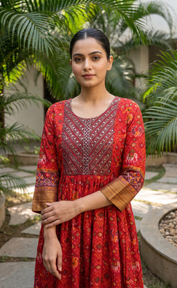 Maroon Fancy Mirror Work With Ikkat Printed Kurti Gown