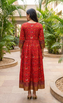 Maroon Fancy Mirror Work With Ikkat Printed Kurti Gown