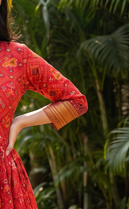 Maroon Fancy Mirror Work With Ikkat Printed Kurti Gown