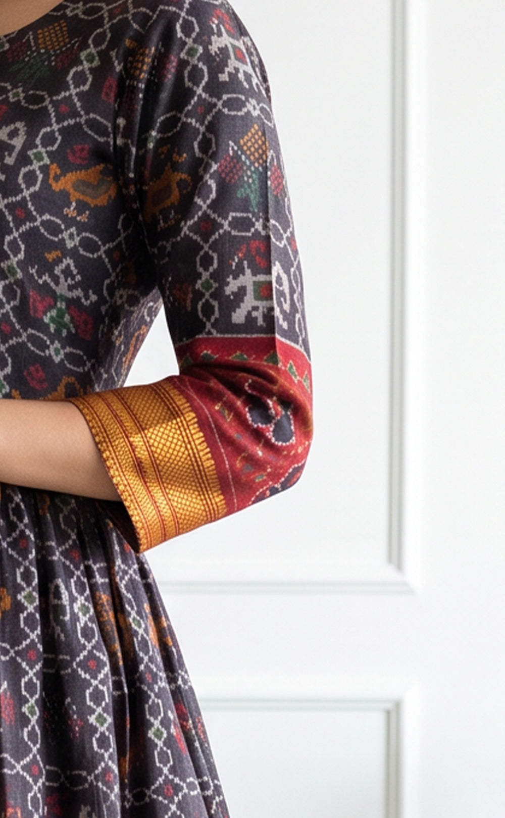 Black Fancy Mirror Work With Ikkat Printed Kurti Gown