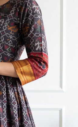 Black Fancy Mirror Work With Ikkat Printed Kurti Gown