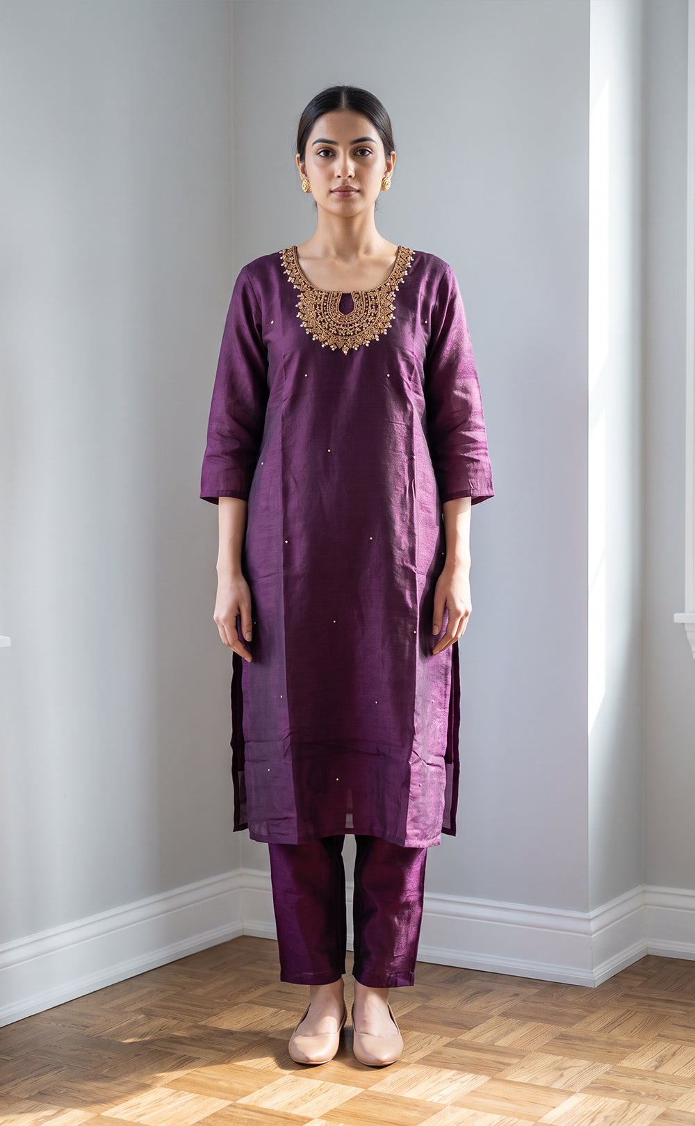 Wine Vichitra Silk Mirror Work And Zari Work Kurti Set
