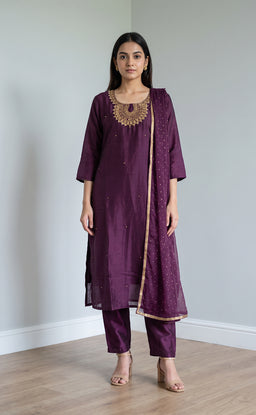 Wine Vichitra Silk Mirror Work And Zari Work Kurti Set