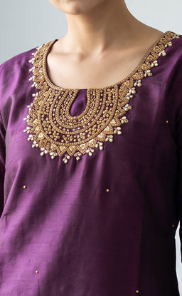 Wine Vichitra Silk Mirror Work And Zari Work Kurti Set