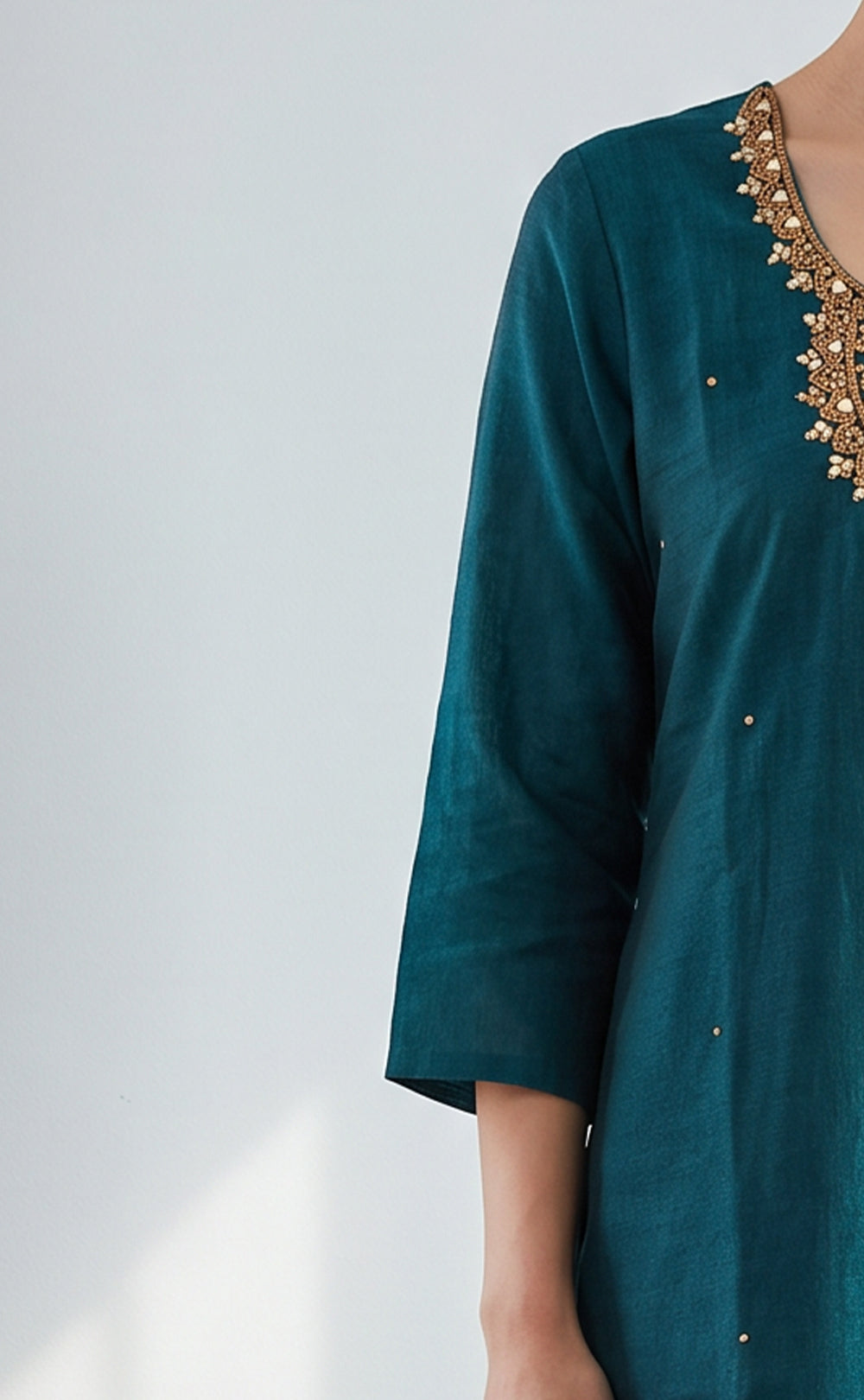 Rama Green Vichitra Silk Mirror Work And Gold zari Work Kurti Set