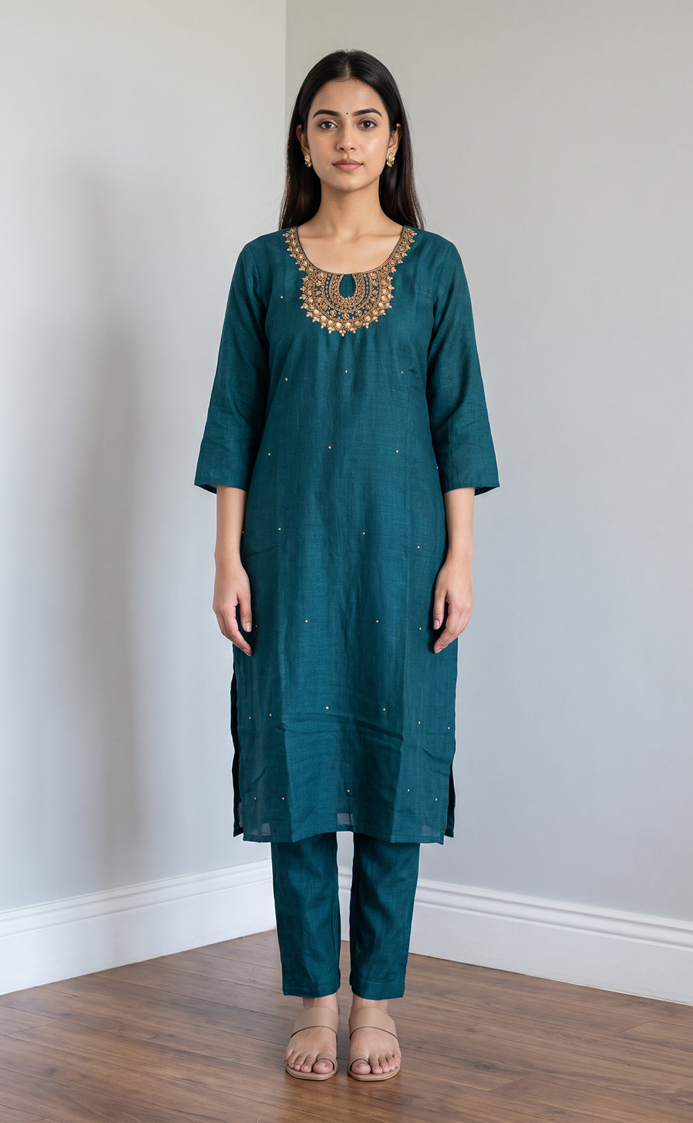 Rama Green Vichitra Silk Mirror Work And Gold zari Work Kurti Set