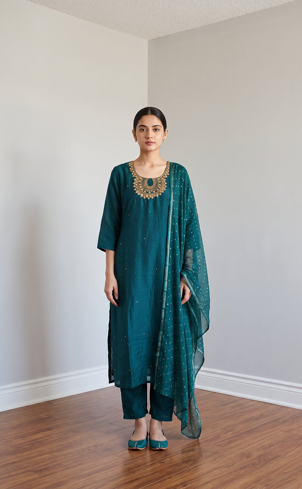 Rama Green Vichitra Silk Mirror Work And Gold zari Work Kurti Set