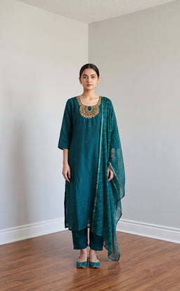 Rama Green Vichitra Silk Mirror Work And Gold zari Work Kurti Set