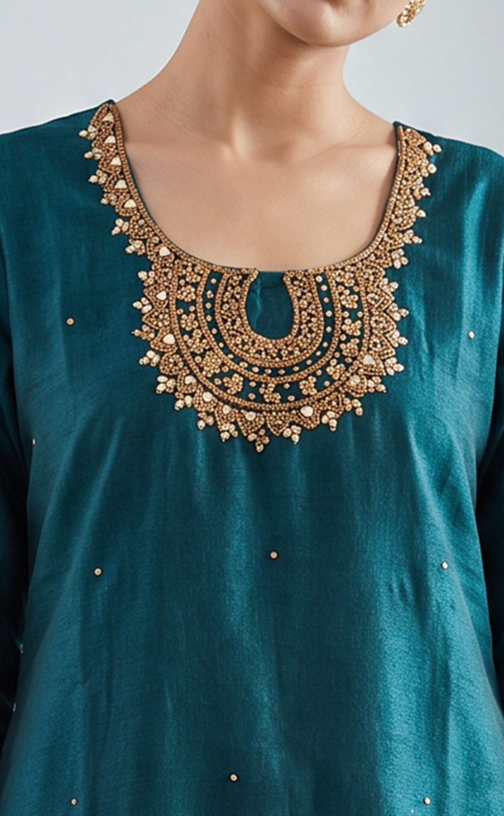 Rama Green Vichitra Silk Mirror Work And Gold zari Work Kurti Set