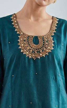 Rama Green Vichitra Silk Mirror Work And Gold zari Work Kurti Set