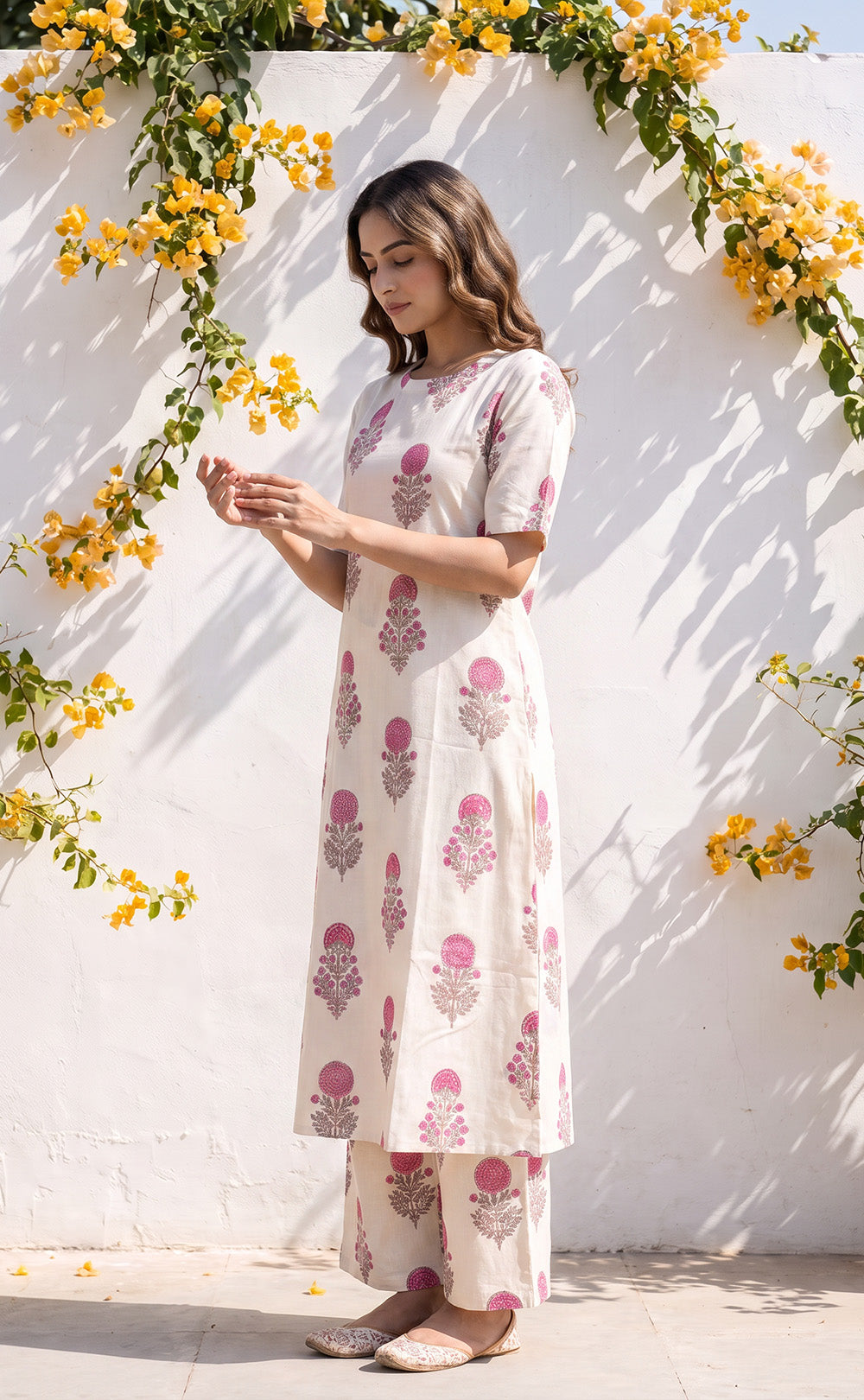 White Cotton All-Over Pink Floral Printed Co-ord Set