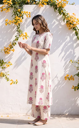 White Cotton All-Over Pink Floral Printed Co-ord Set
