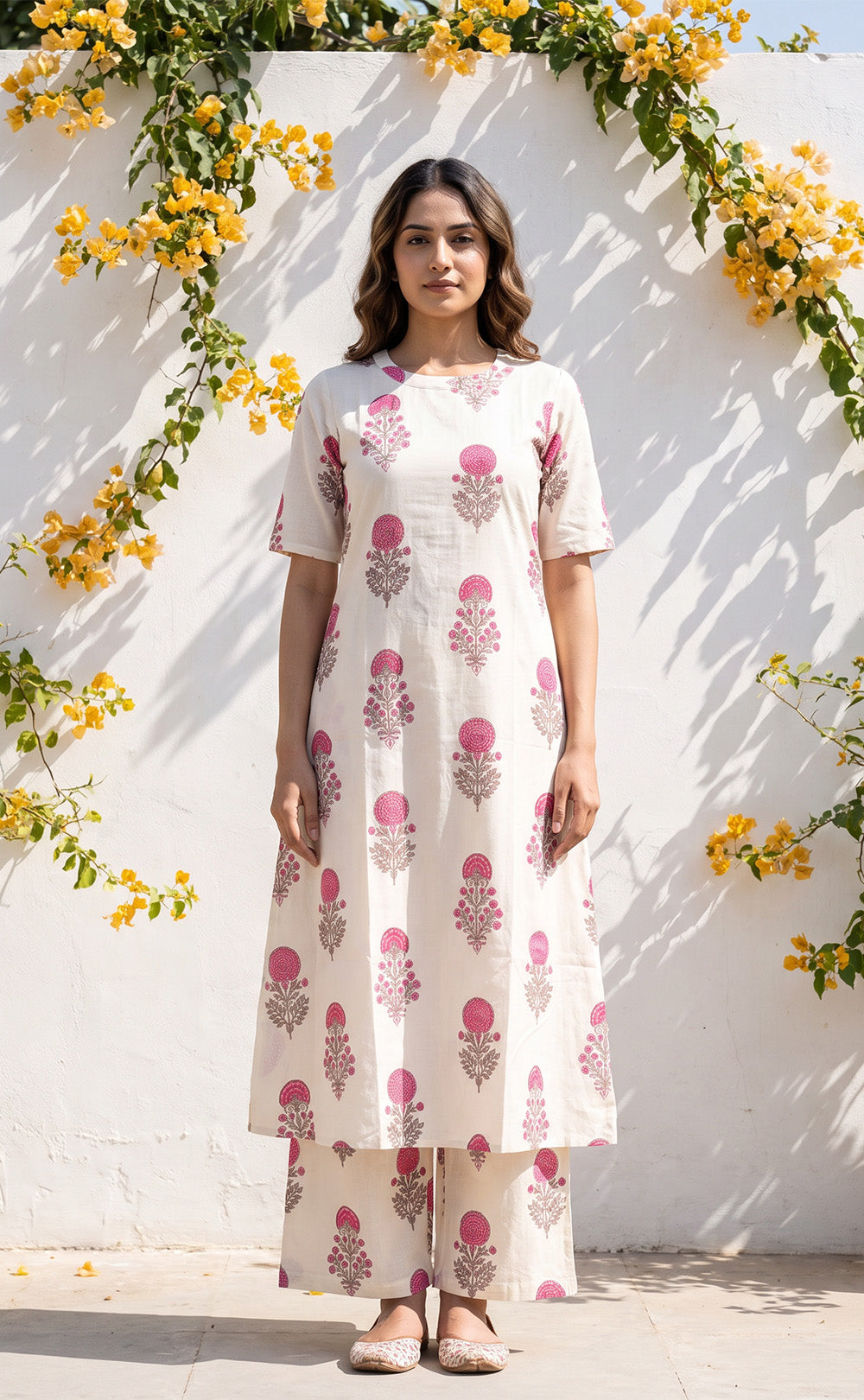 White Cotton All-Over Pink Floral Printed Co-ord Set