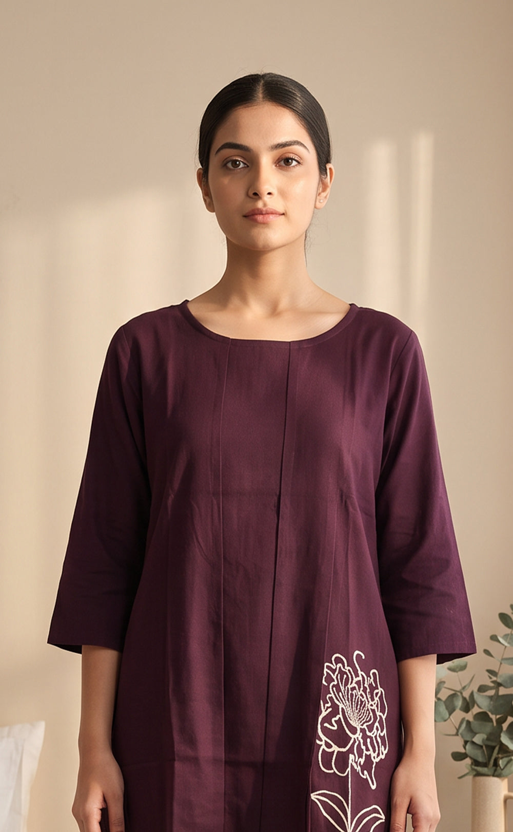 Deep Wine Rayon Plain With White Floral Printed Night Suit