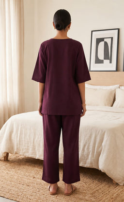 Deep Wine Rayon Plain With White Floral Printed Night Suit