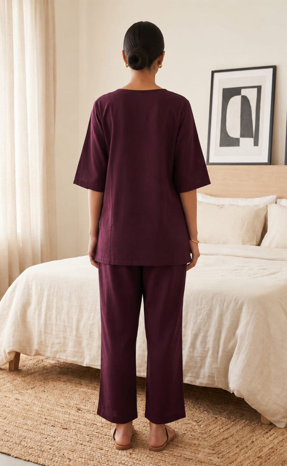 Deep Wine Rayon Plain With White Floral Printed Night Suit