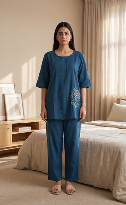Dark Peacock Blue Rayon Plain With White Floral Printed Night Suit