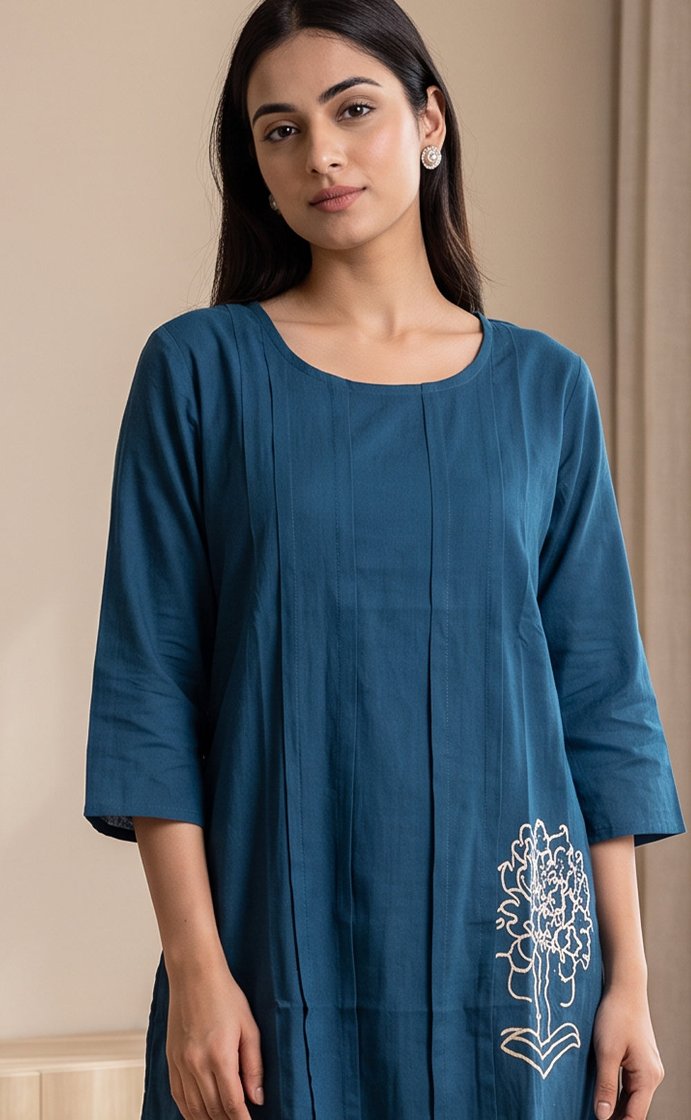 Dark Peacock Blue Rayon Plain With White Floral Printed Night Suit