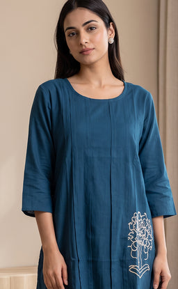 Dark Peacock Blue Rayon Plain With White Floral Printed Night Suit