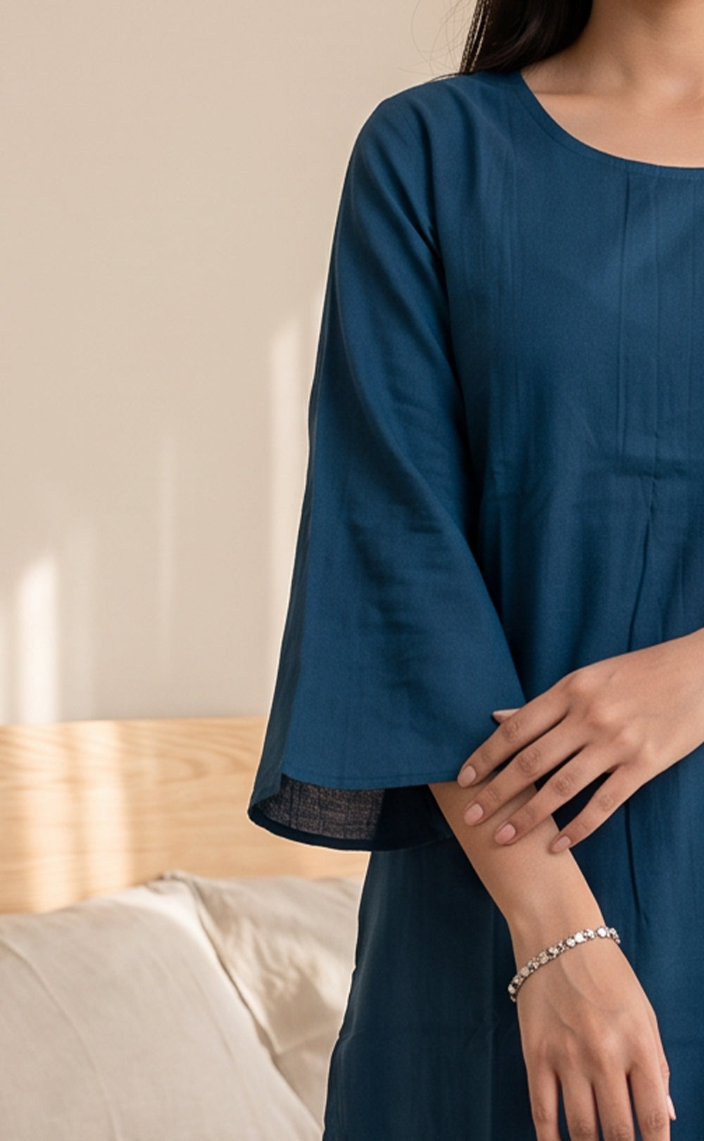 Dark Peacock Blue Rayon Plain With White Floral Printed Night Suit
