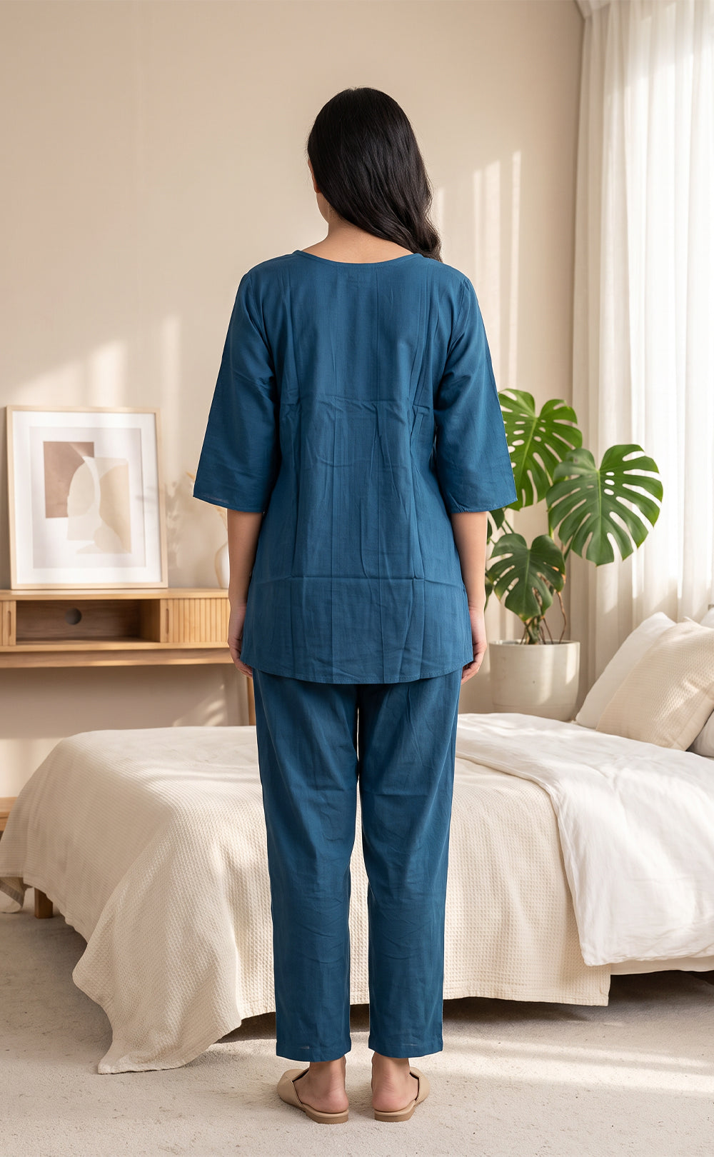 Dark Peacock Blue Rayon Plain With White Floral Printed Night Suit