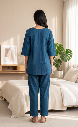 Dark Peacock Blue Rayon Plain With White Floral Printed Night Suit