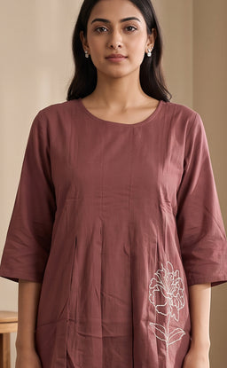 Dusty Rose Rayon Plain With White Floral Printed Night Suit