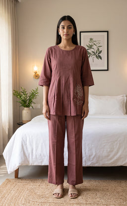 Dusty Rose Rayon Plain With White Floral Printed Night Suit