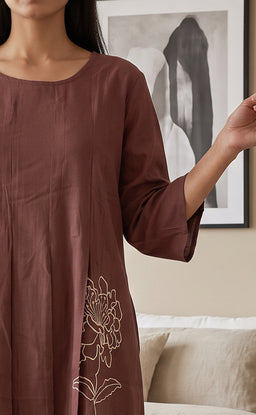 Dusty Rose Rayon Plain With White Floral Printed Night Suit