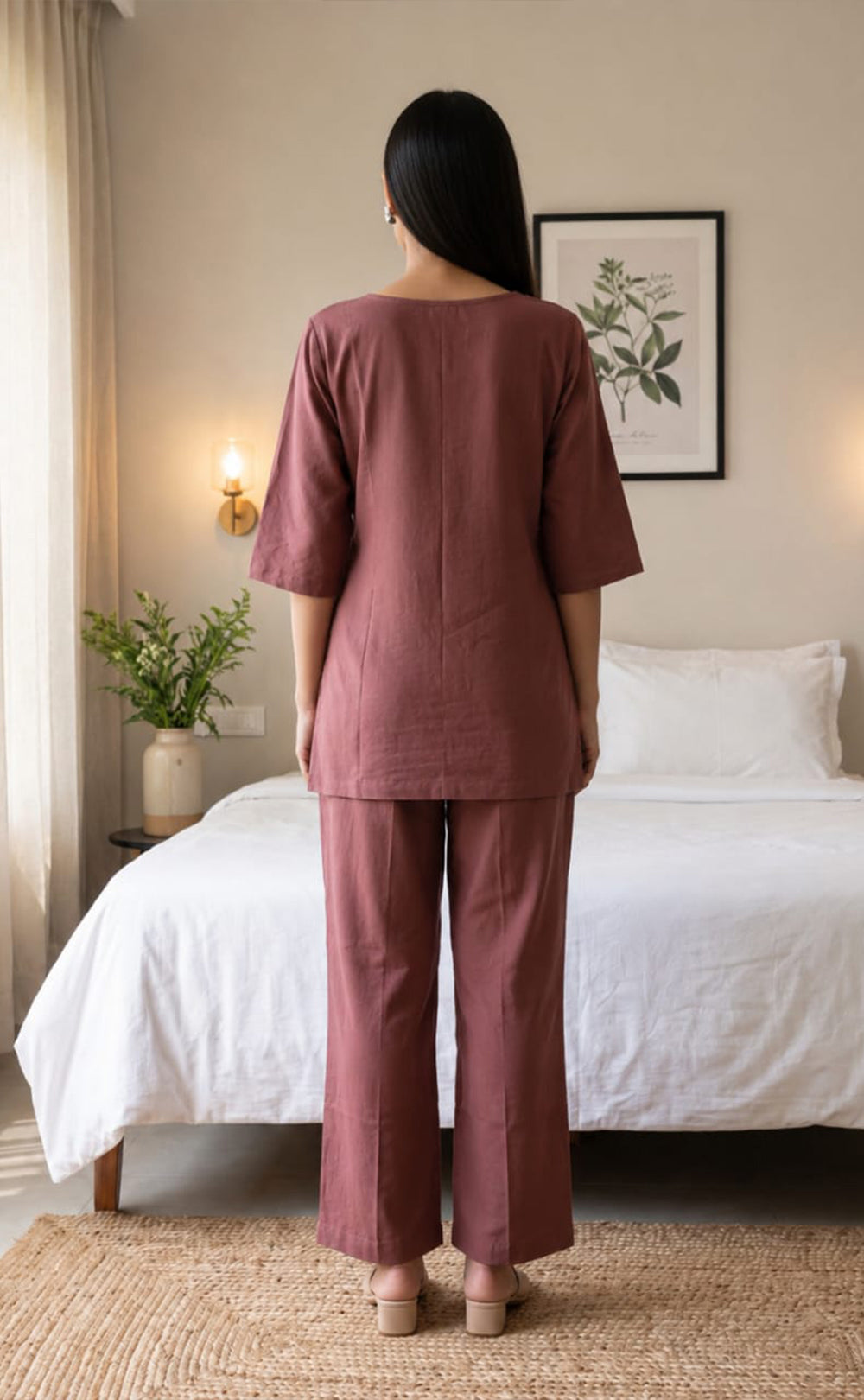 Dusty Rose Rayon Plain With White Floral Printed Night Suit