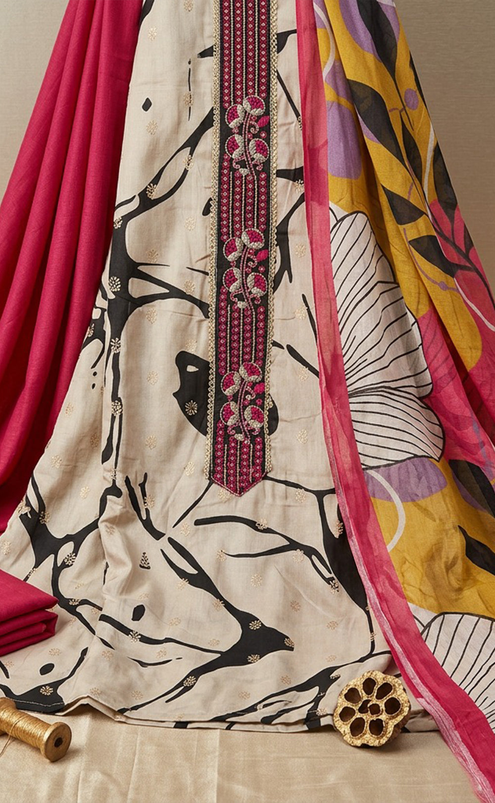 Cream Cotton Foil Buti Work Un-Stitched Dress Material