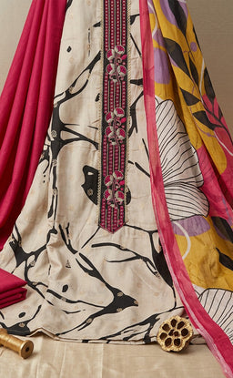 Cream Cotton Foil Buti Work Un-Stitched Dress Material