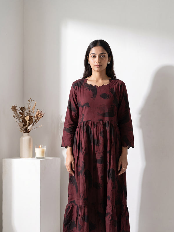 Deep Maroon Rayon Abstract Brush Stroke Printed Flare Kurti