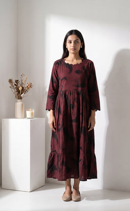 Deep Maroon Rayon Abstract Brush Stroke Printed Flare Kurti