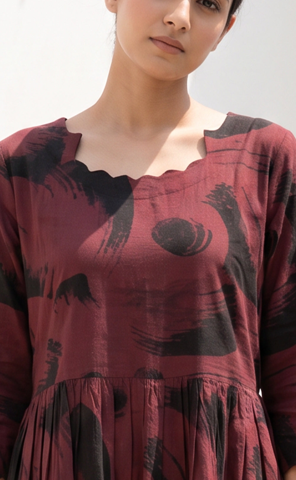 Deep Maroon Rayon Abstract Brush Stroke Printed Flare Kurti