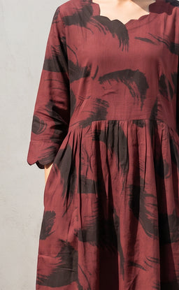 Deep Maroon Rayon Abstract Brush Stroke Printed Flare Kurti