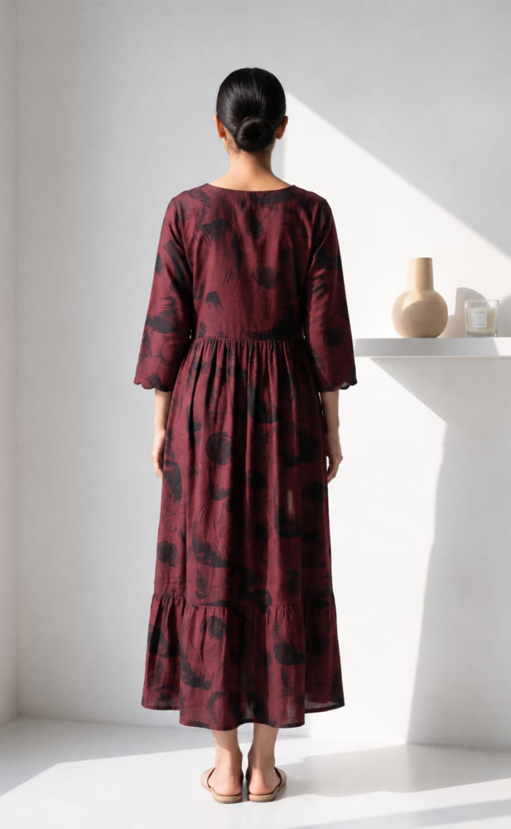 Deep Maroon Rayon Abstract Brush Stroke Printed Flare Kurti
