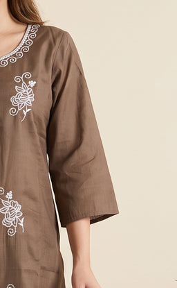 Chocolate Brown Roman Silk Thread Embroidery Kurti Set