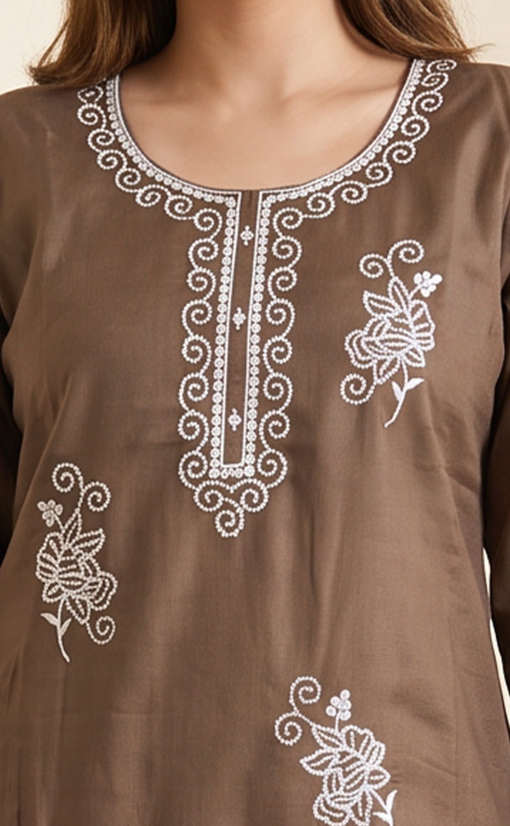 Chocolate Brown Roman Silk Thread Embroidery Kurti Set