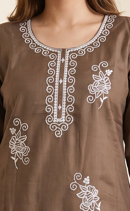 Chocolate Brown Roman Silk Thread Embroidery Kurti Set