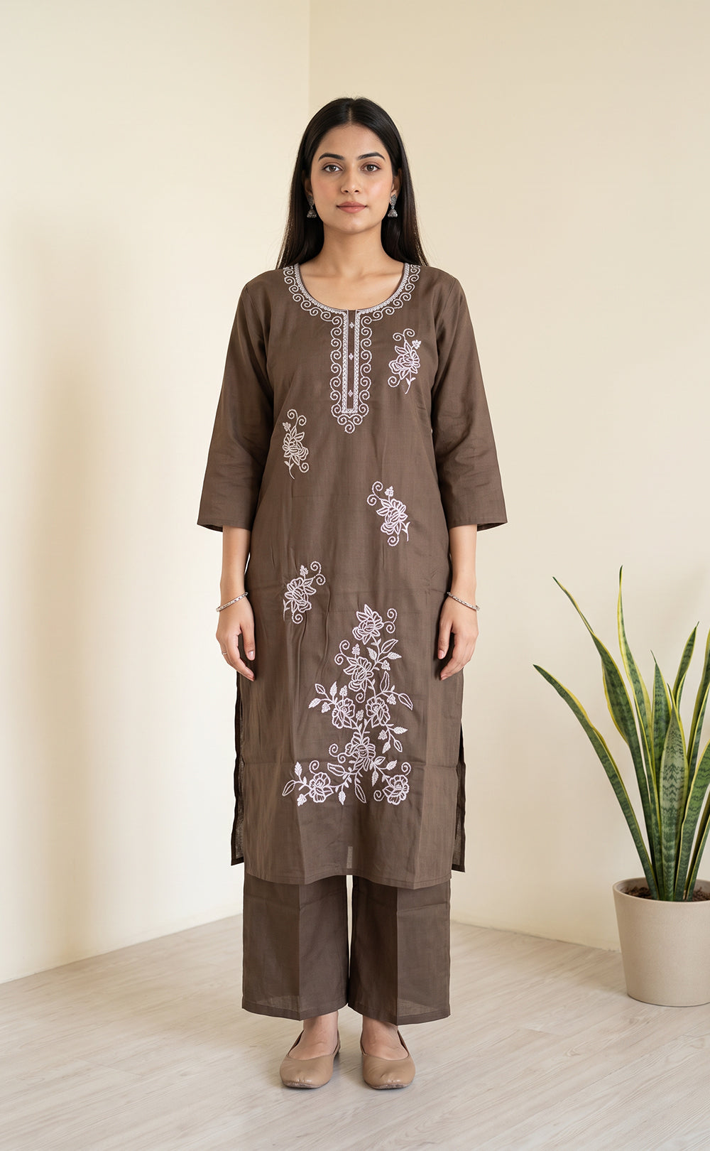 Chocolate Brown Roman Silk Thread Embroidery Kurti Set
