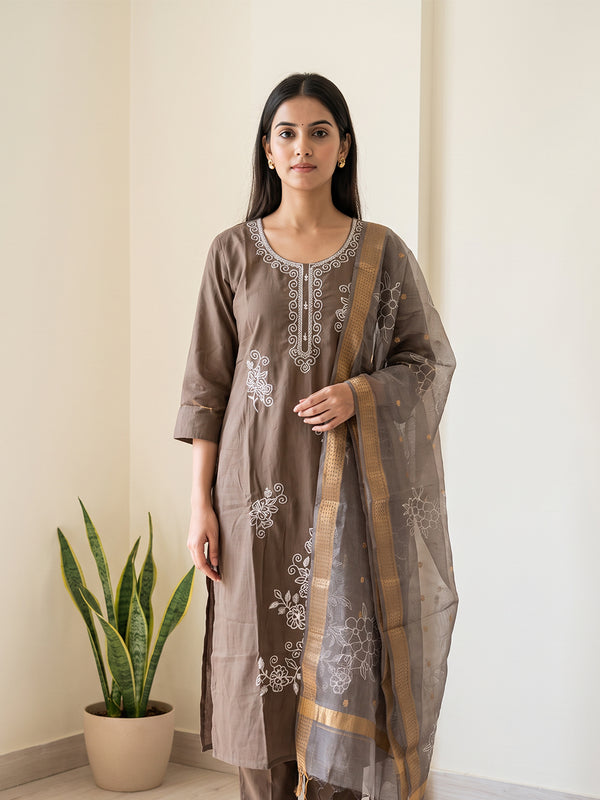 Chocolate Brown Roman Silk Thread Embroidery Kurti Set