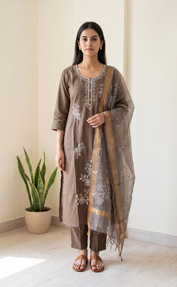 Chocolate Brown Roman Silk Thread Embroidery Kurti Set