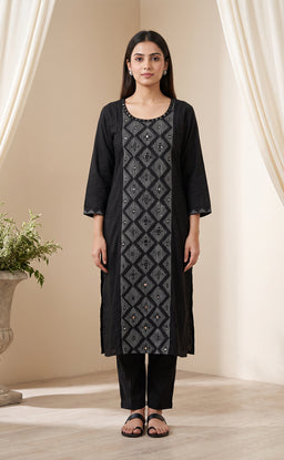 Black Rayon Mirror Work Kurti Set