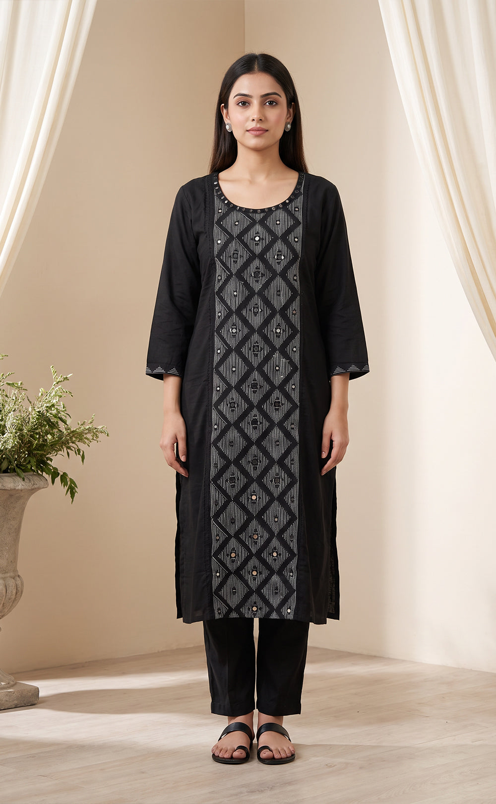 Black Rayon Mirror Work Kurti Set