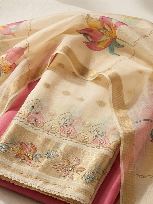 Cream Fancy All-Over Floral Printed Un-Stitched Dress Material
