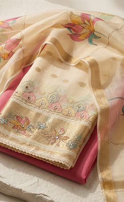 Cream Fancy All-Over Floral Printed Un-Stitched Dress Material